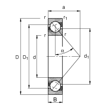 角接触球轴承 7211-B-TVP, 根据 DIN 628-1 标准的主要尺寸，接触角 α = 40°