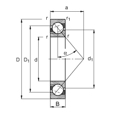 角接触球轴承 7215-B-JP, 根据 DIN 628-1 标准的主要尺寸，接触角 α = 40°