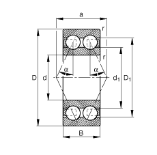 角接触球轴承 3313-B-TVH, 根据 DIN 628-3 标准的主要尺寸，双列，接触角 α = 25°
