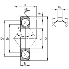 四点接触球轴承 QJ336-N2-MPA, 根据 DIN 628-4 的主要尺寸， 可以拆卸，剖分内圈，带两个止动槽