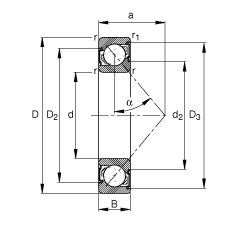 角接触球轴承 7303-B-2RS-TVP, 根据 DIN 628-1 标准的主要尺寸，接触角 α = 40°，两侧唇密封