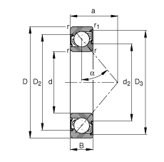 角接触球轴承 7004-B-2RS-TVP, 接触角 α = 40°, 两侧唇密封