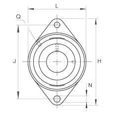 轴承座单元 RCJTY1-11/16, 对角法兰轴承座单元，铸铁，根据 ABMA 15 - 1991, ABMA 14 - 1991, ISO3228 内圈带有平头螺栓，R型密封，英制