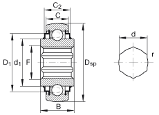 外球面球轴承 SK102-207-KRR-B-AH10, 球面外圈，内圈带六角形孔，两侧 R 型密封